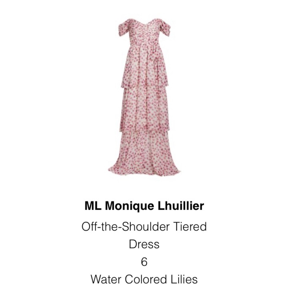 ML Monique Lhuillier
Off-the-Shoulder Tiered Dress Water Colored Lilies